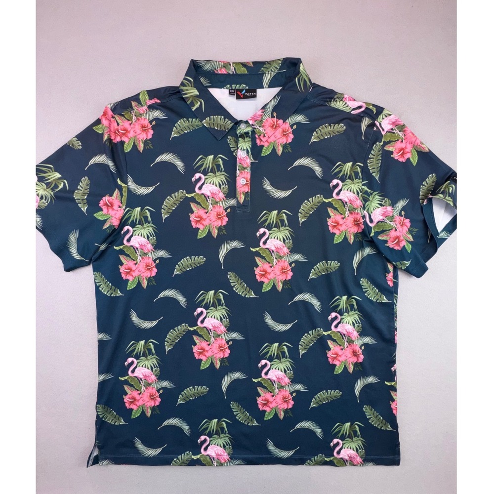 Yatta Golf Flamingo Tropical Floral Performance Polo Shirt XXL Pink Teal